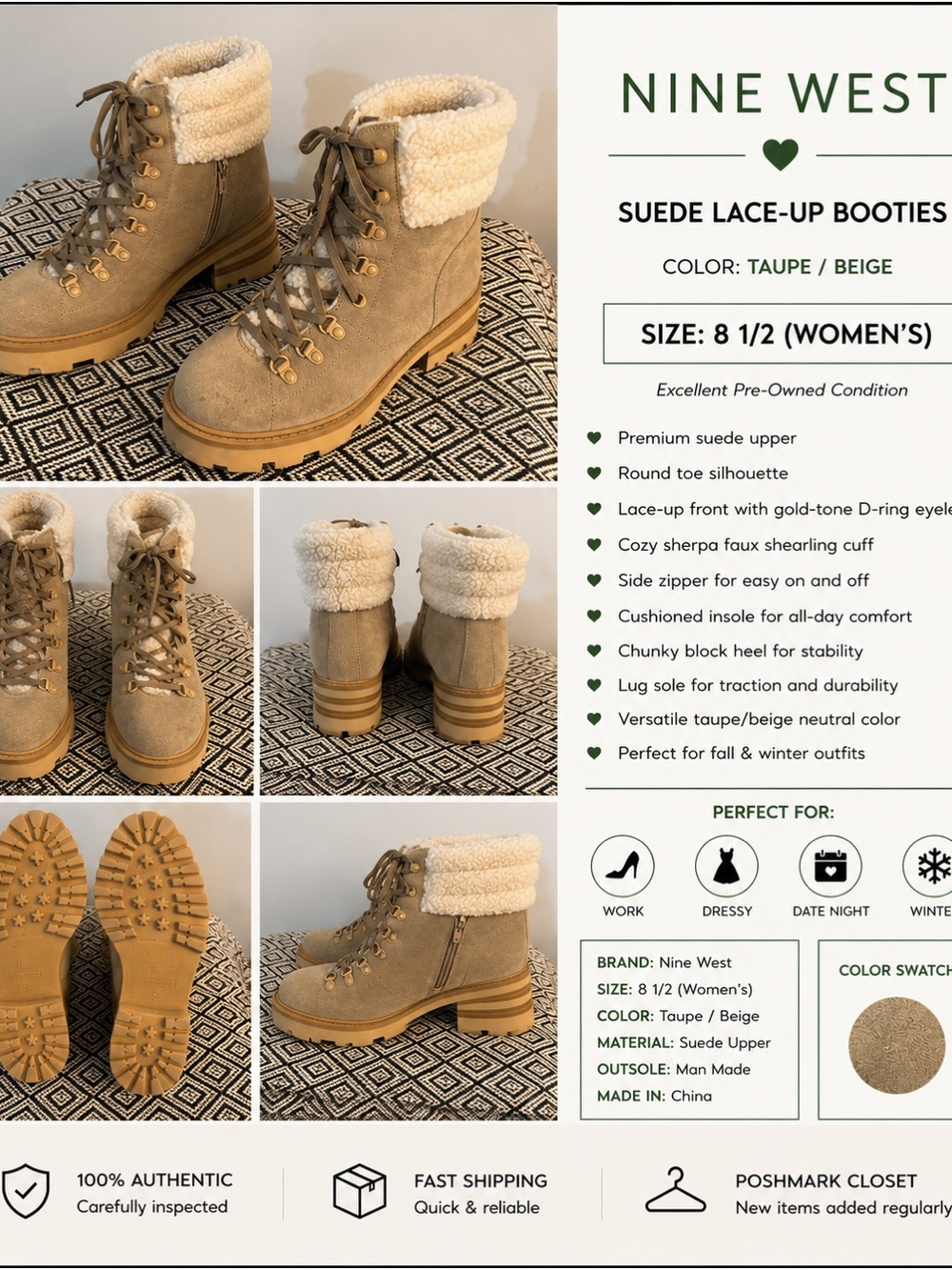 Nine West Taupe/Beige Suede Lace-Up Sherpa Collar Boots